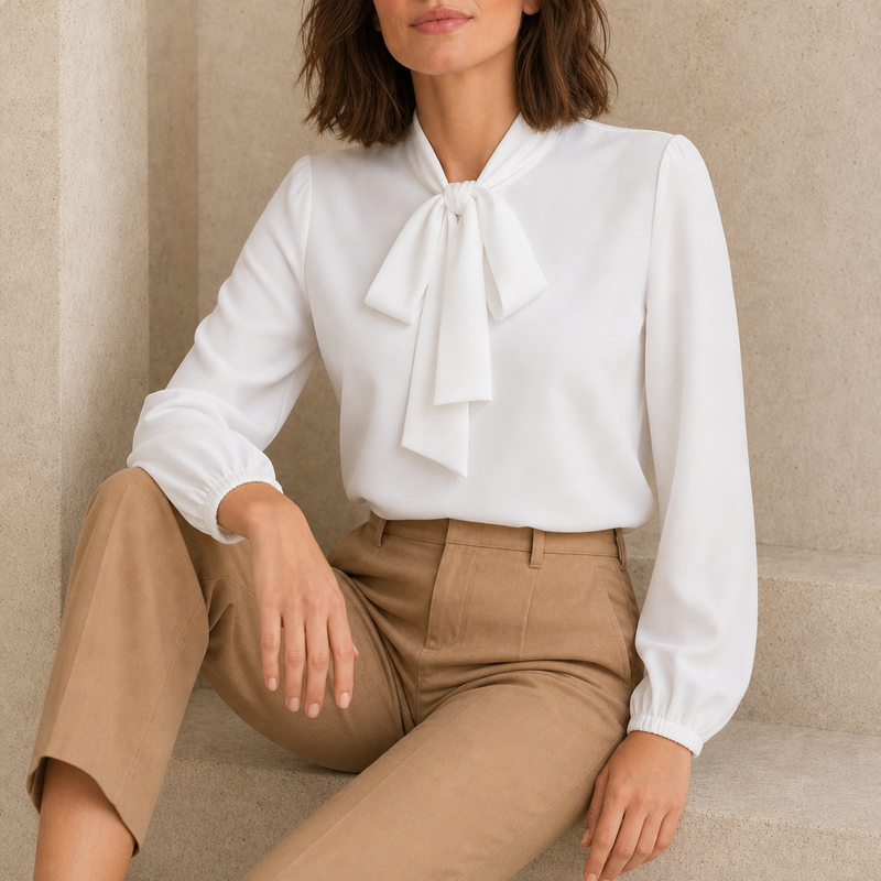 Kythnos Bow-Tie Neck Blouse in Pure White