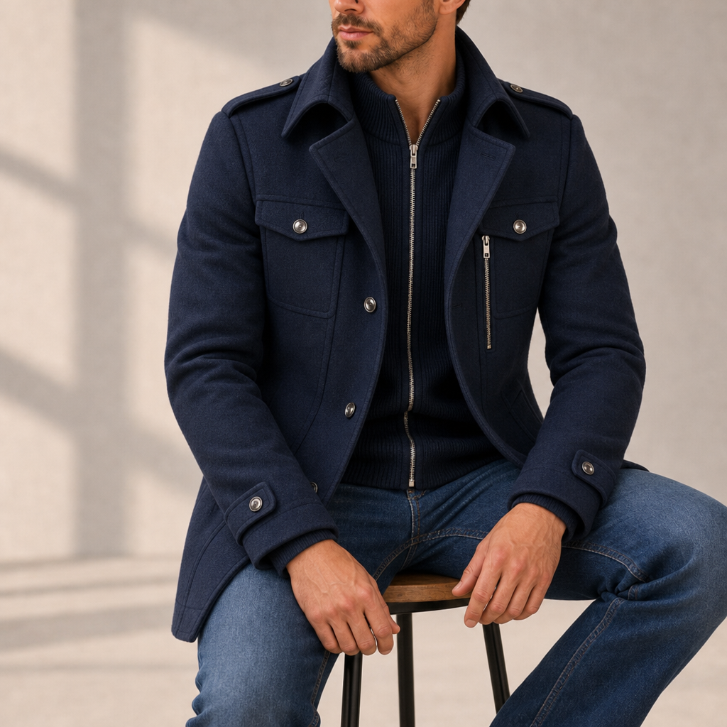Lerici Wool Utility Overcoat in Navy Blue