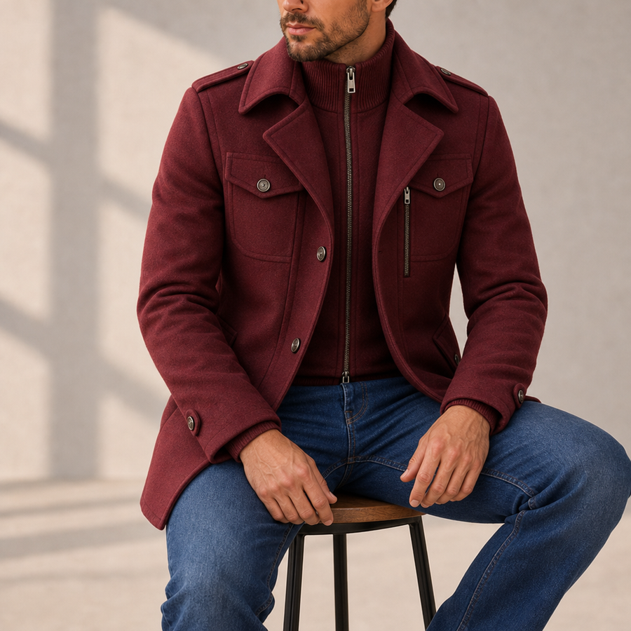 Lerici Wool Utility Overcoat in Crimson Red