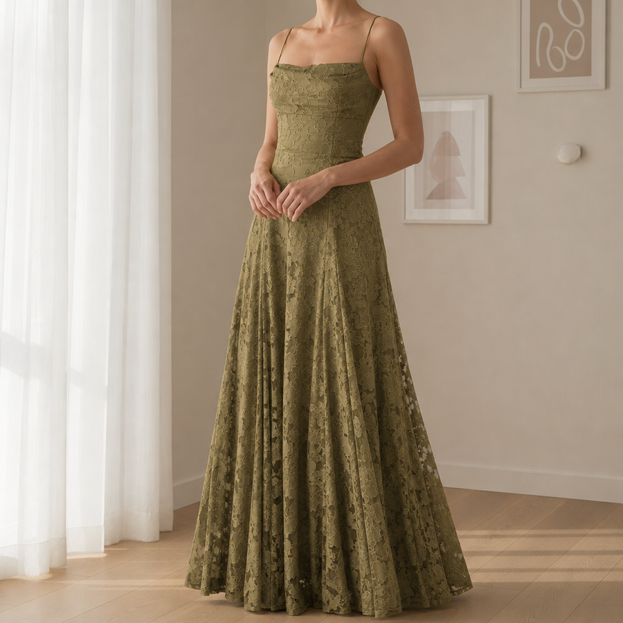 Leros Floral Lace Maxi Dress in Olive Green