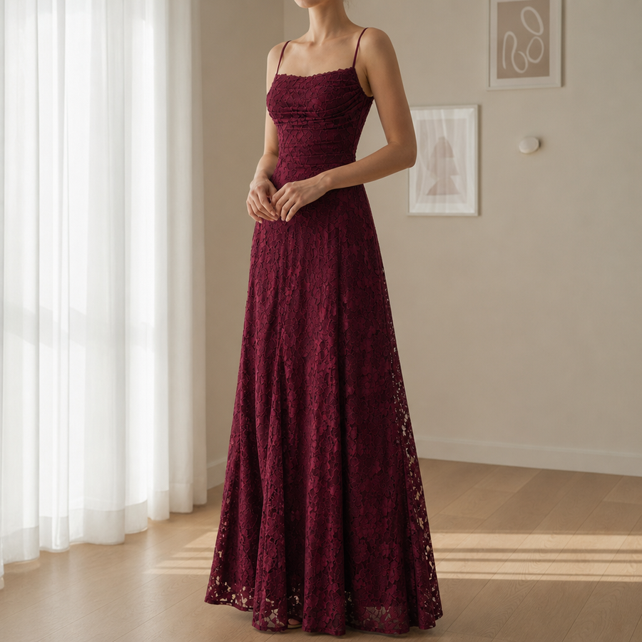 Leros Floral Lace Maxi Dress in Wine Red