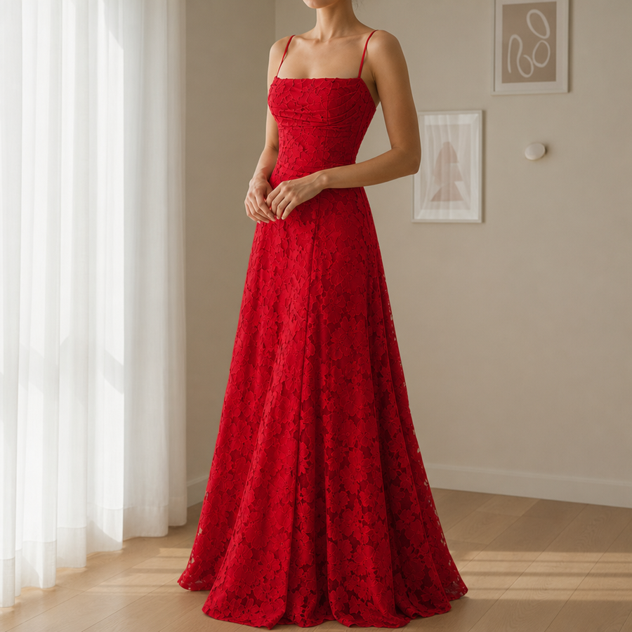 Leros Floral Lace Maxi Dress in Red