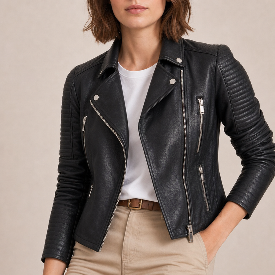 Lesvos Sleek Biker Leather Jacket in Black