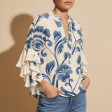 Lucca Floral Ruffle Sleeve Blouse in White Blue