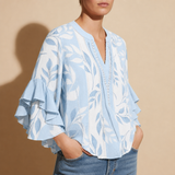 Lucca Floral Ruffle Sleeve Blouse in Light Blue