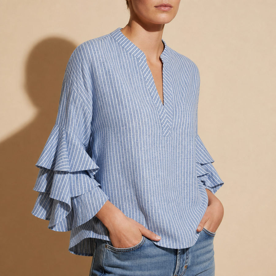 Lucca Floral Ruffle Sleeve Blouse in Blue