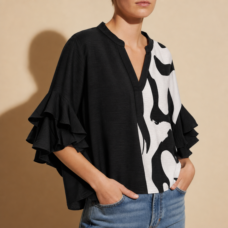 Lucca Floral Ruffle Sleeve Blouse in Black