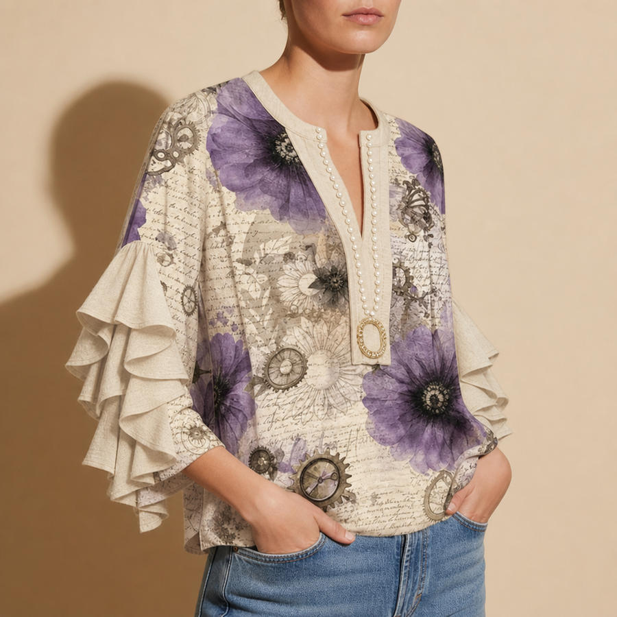Lucca Floral Ruffle Sleeve Blouse in Beige