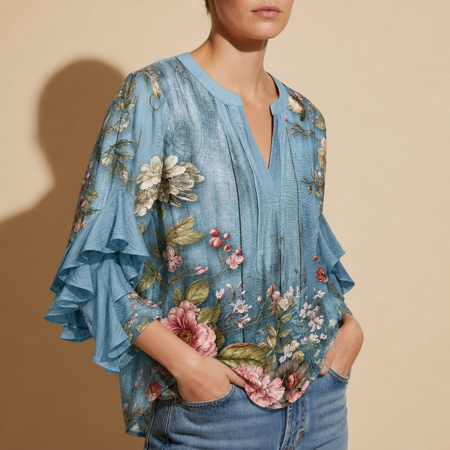 Lucca Floral Ruffle Sleeve Blouse in Floral Blue