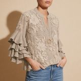 Lucca Floral Ruffle Sleeve Blouse in Light Brown