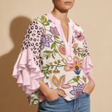 Lucca Floral Ruffle Sleeve Blouse in Pink