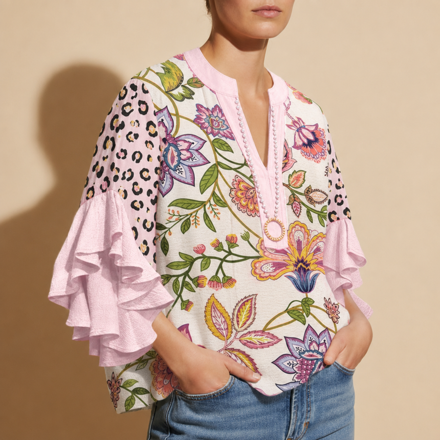 Lucca Floral Ruffle Sleeve Blouse in Pink