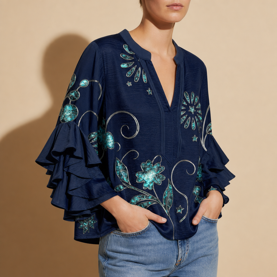 Lucca Floral Ruffle Sleeve Blouse in Dark Blue