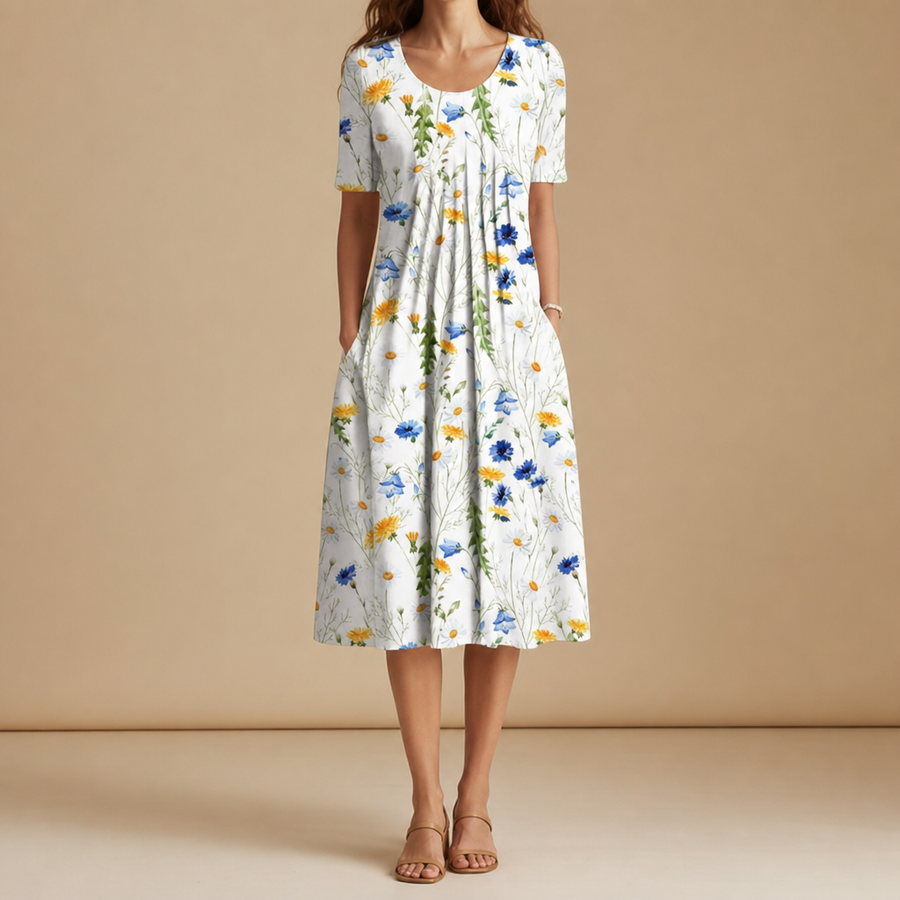 Menerbes Floral Print Midi Dress in Yellow Flowers