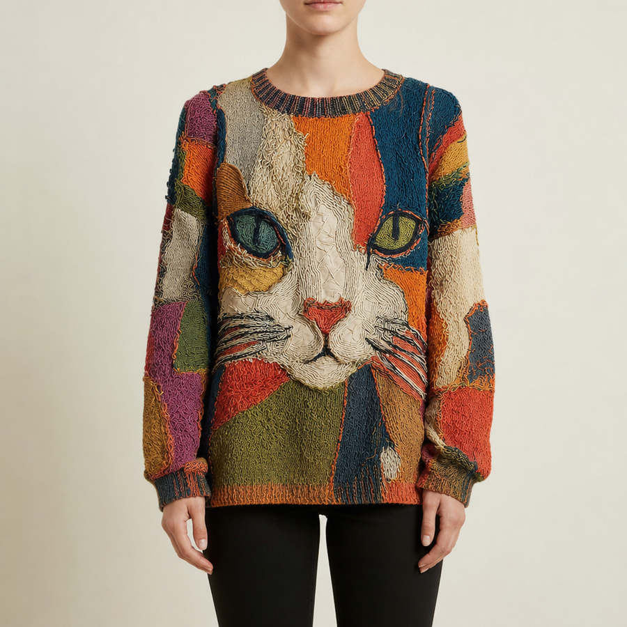 Merano Cat Graphic Knit Sweatshirt in Multicolor
