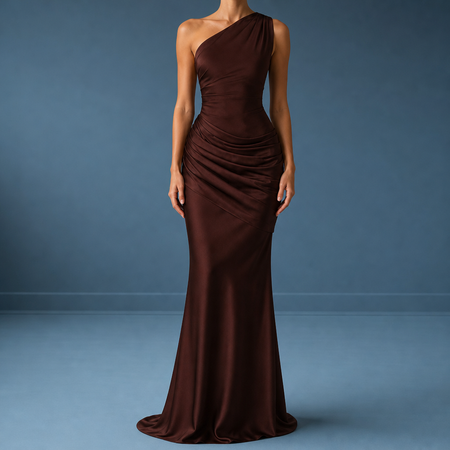 Mojacar One Shoulder Satin Gown in Brown