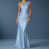 Mojacar One Shoulder Satin Gown in Blue