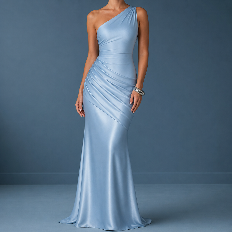 Mojacar One Shoulder Satin Gown in Blue