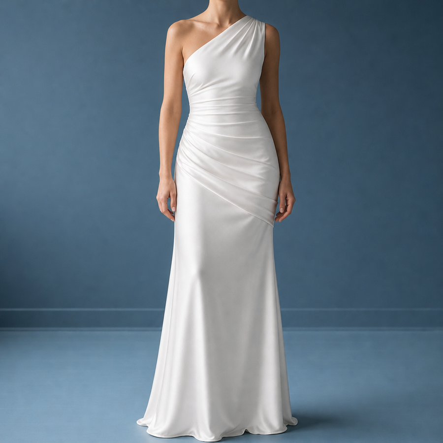 Mojacar One Shoulder Satin Gown in White