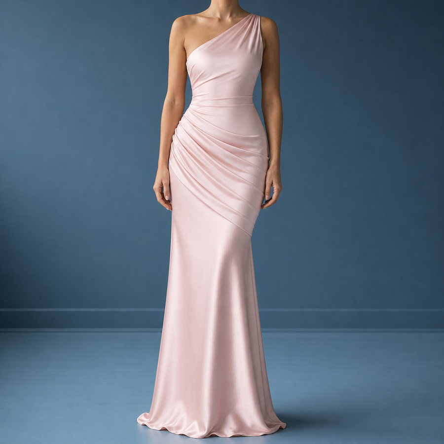 Mojacar One Shoulder Satin Gown in Pink