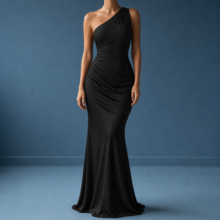 Mojacar One Shoulder Satin Gown in Black