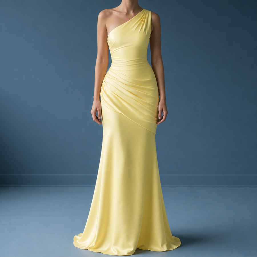Mojacar One Shoulder Satin Gown in Yellow