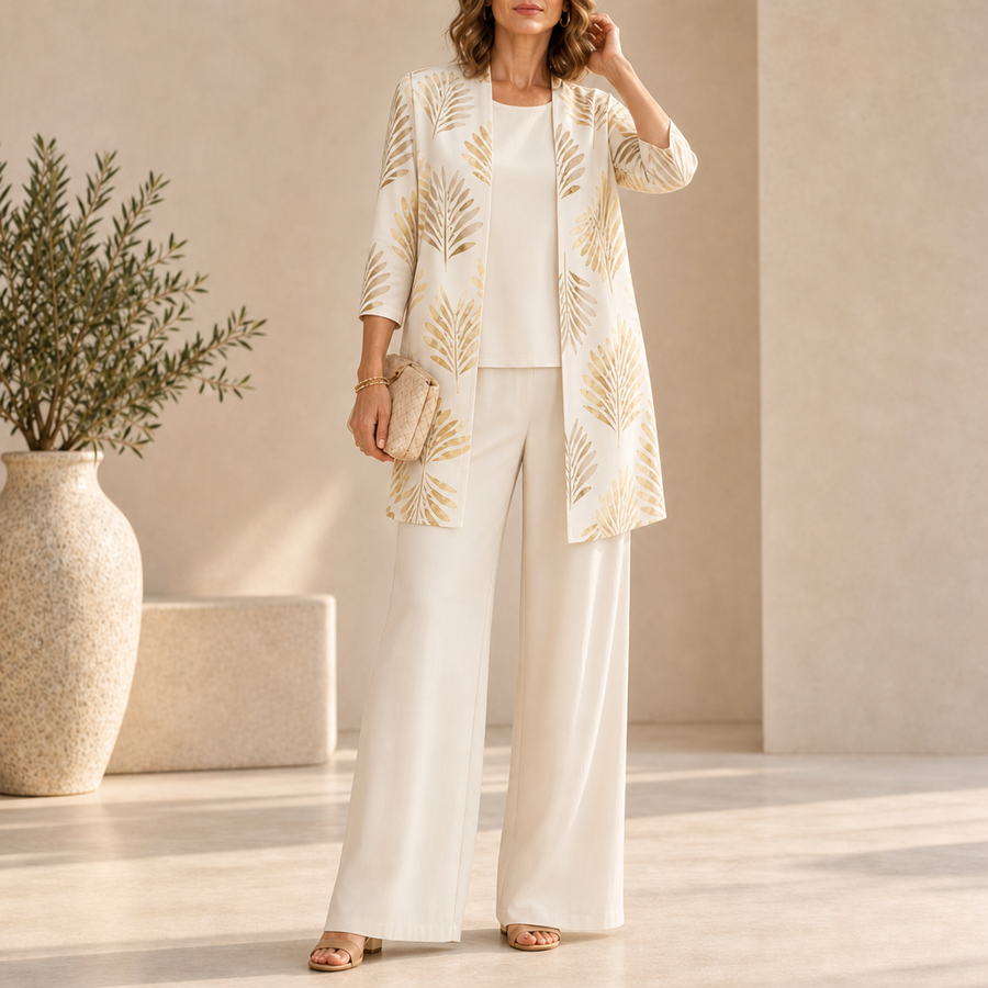 Montalcino Leaf Print 3-Piece Set in Champagne Beige