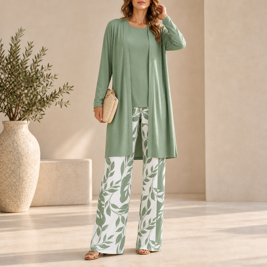 Montalcino Leaf Print 3-Piece Set in Green & White