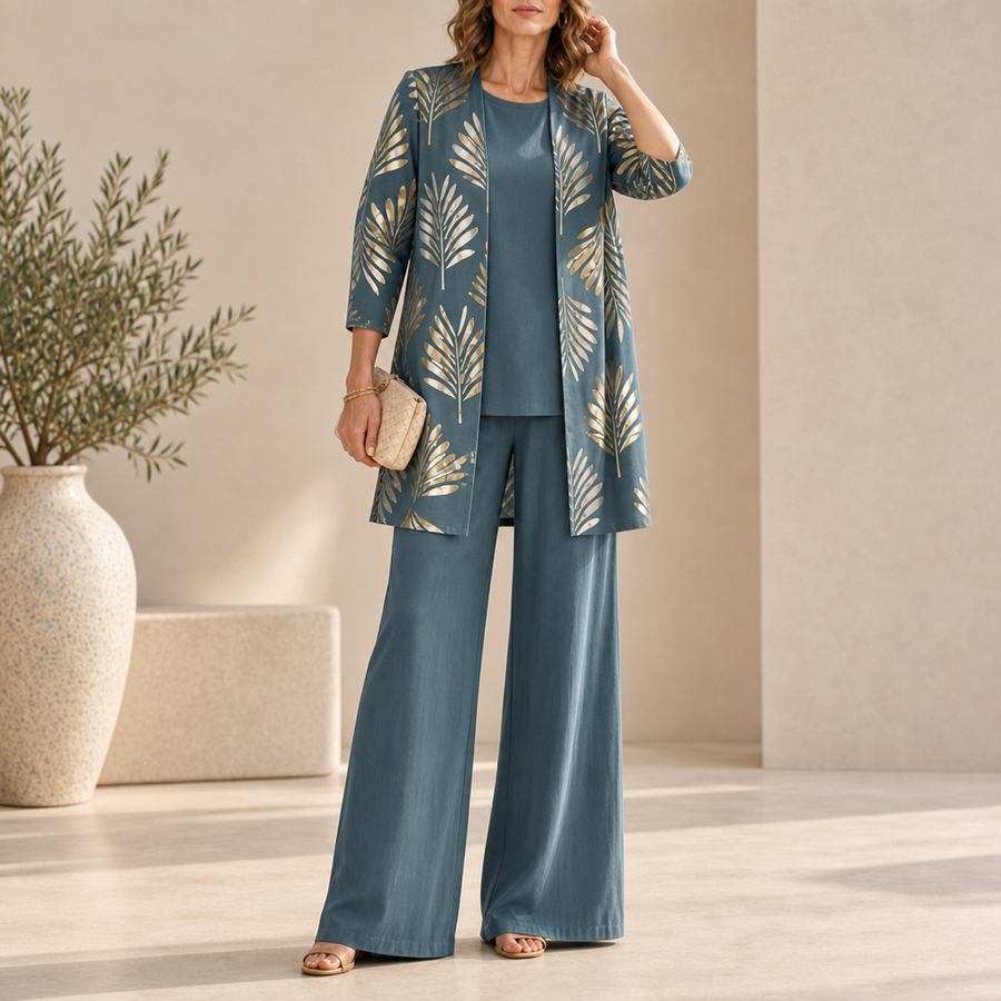 Montalcino Leaf Print 3-Piece Set in Vintage Teal
