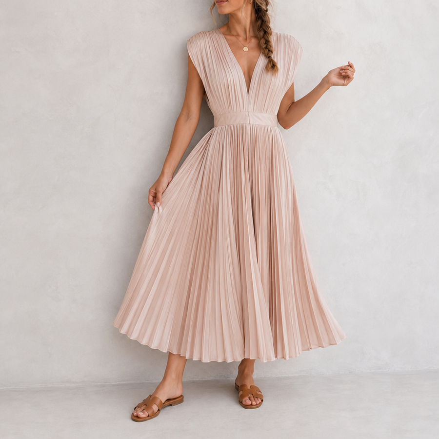 Montepulciano Pleated V-Neck Midi Dress in Champagne