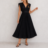Montepulciano Pleated V-Neck Midi Dress in Black