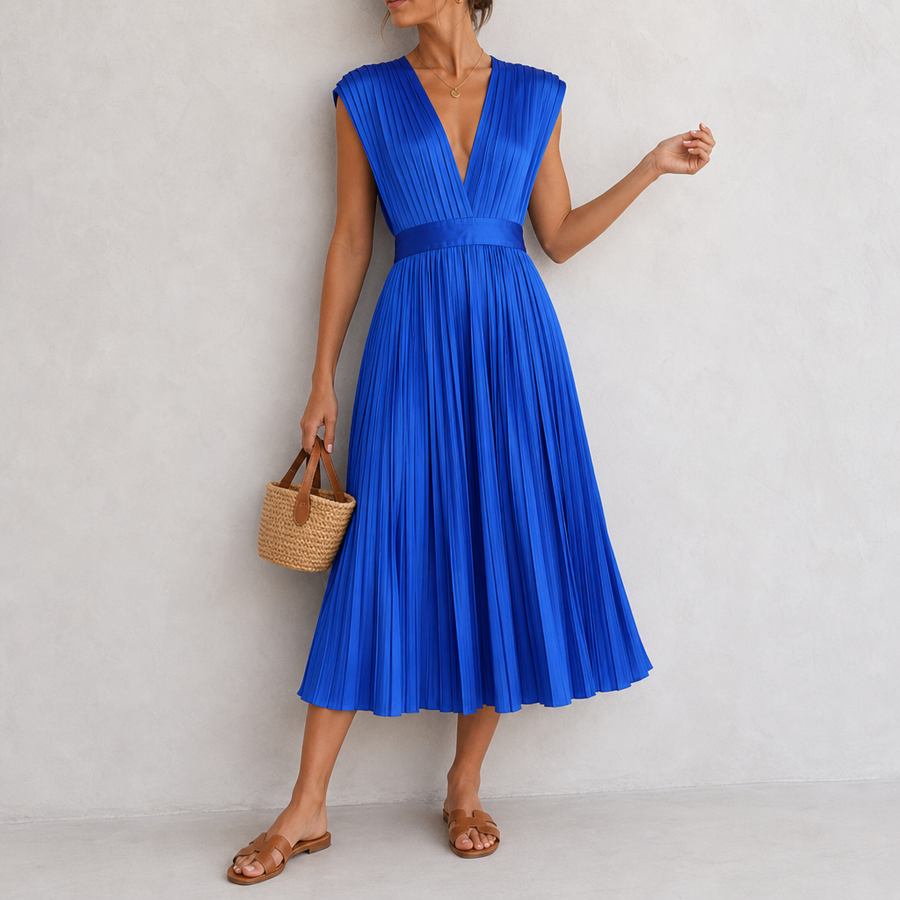 Montepulciano Pleated V-Neck Midi Dress in Blue