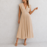 Montepulciano Pleated V-Neck Midi Dress in Beige