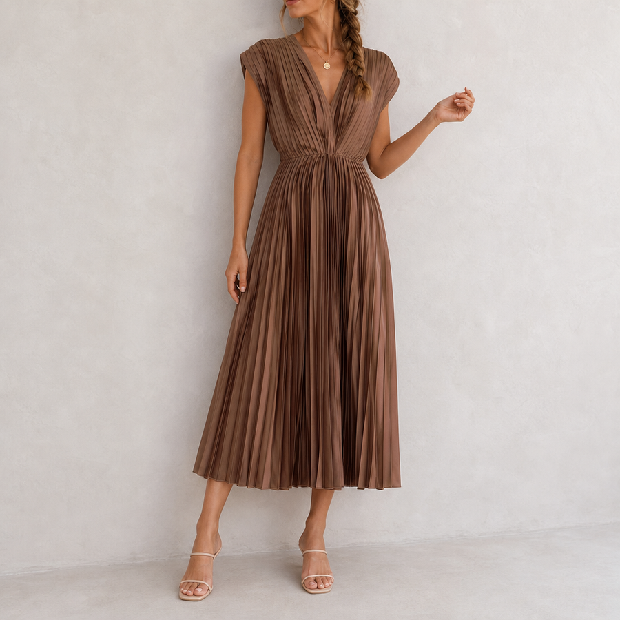 Montepulciano Pleated V-Neck Midi Dress in Brown
