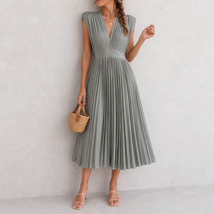 Montepulciano Pleated V-Neck Midi Dress in Gray