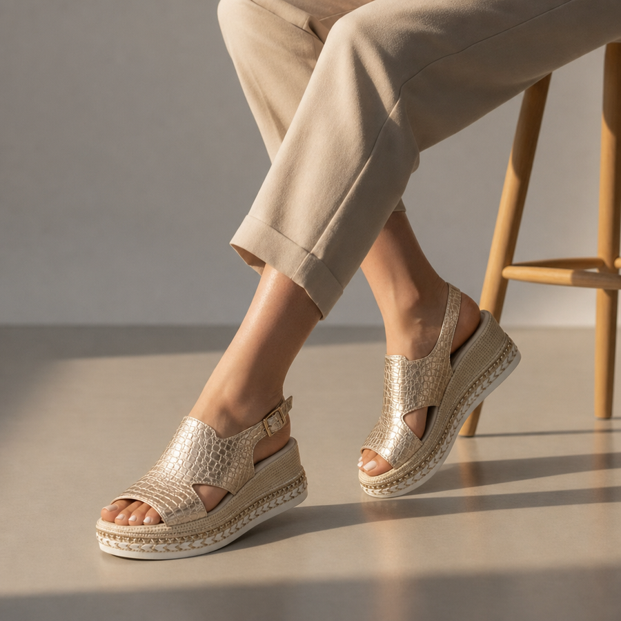 Montpellier Orthopedic Metallic Platform Wedge Sandals in Gold