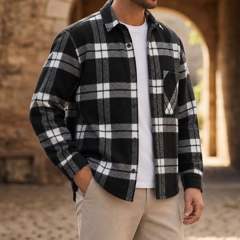 Narbonne Plaid Flannel Overshirt in Black