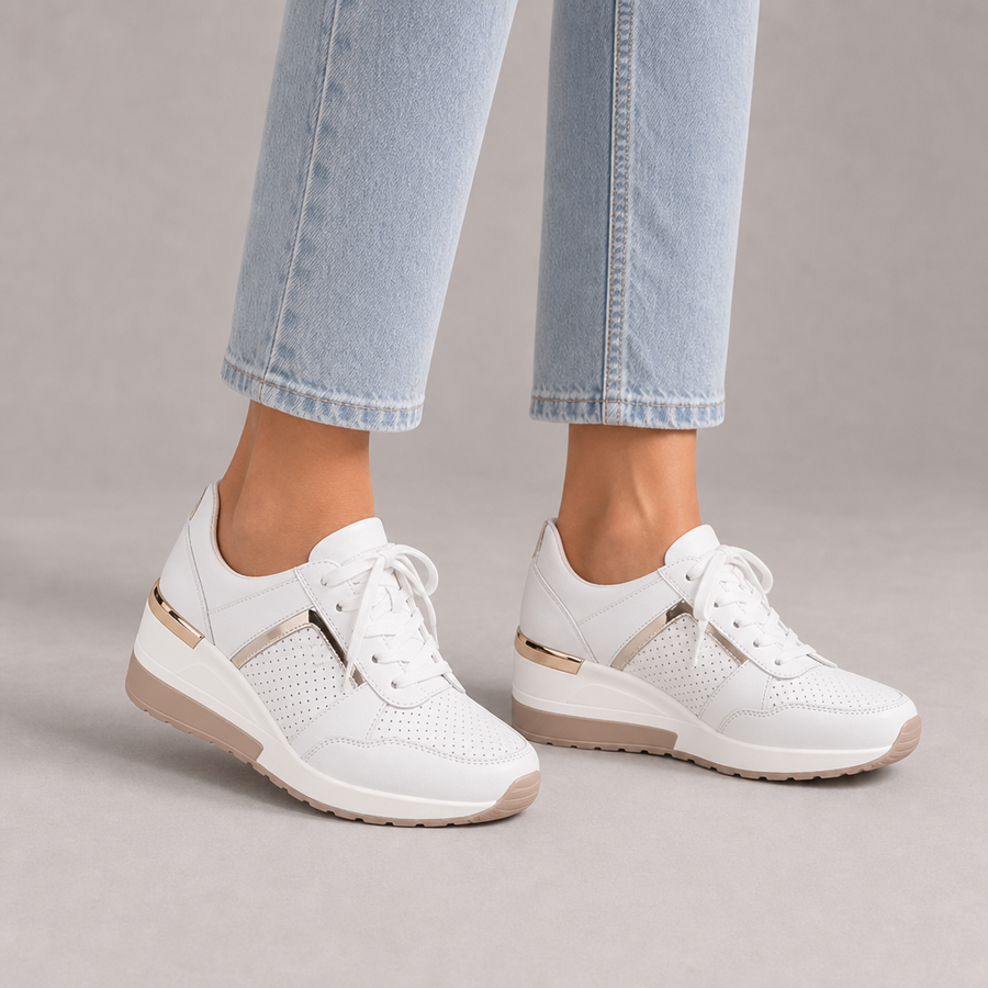 Noto Orthopedic Gold Detail Wedge Sneakers in White