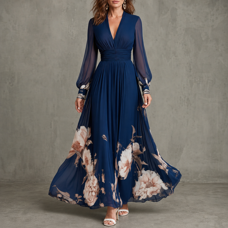 Palamos Floral Pleated Maxi Dress in Navy