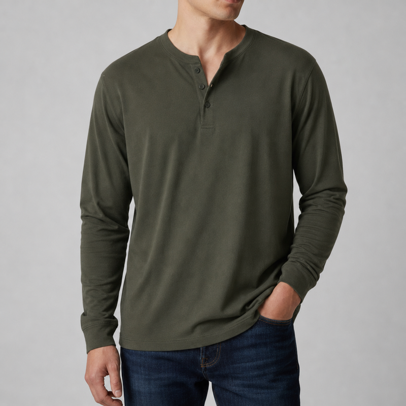 Paxos Long Sleeve Henley Shirt in Military Green