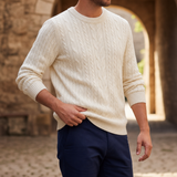 Perpignan Cable-Knit Crewneck Sweater in White