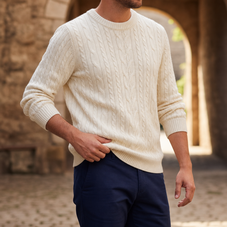 Perpignan Cable-Knit Crewneck Sweater in White