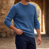 Perpignan Cable-Knit Crewneck Sweater in Blue