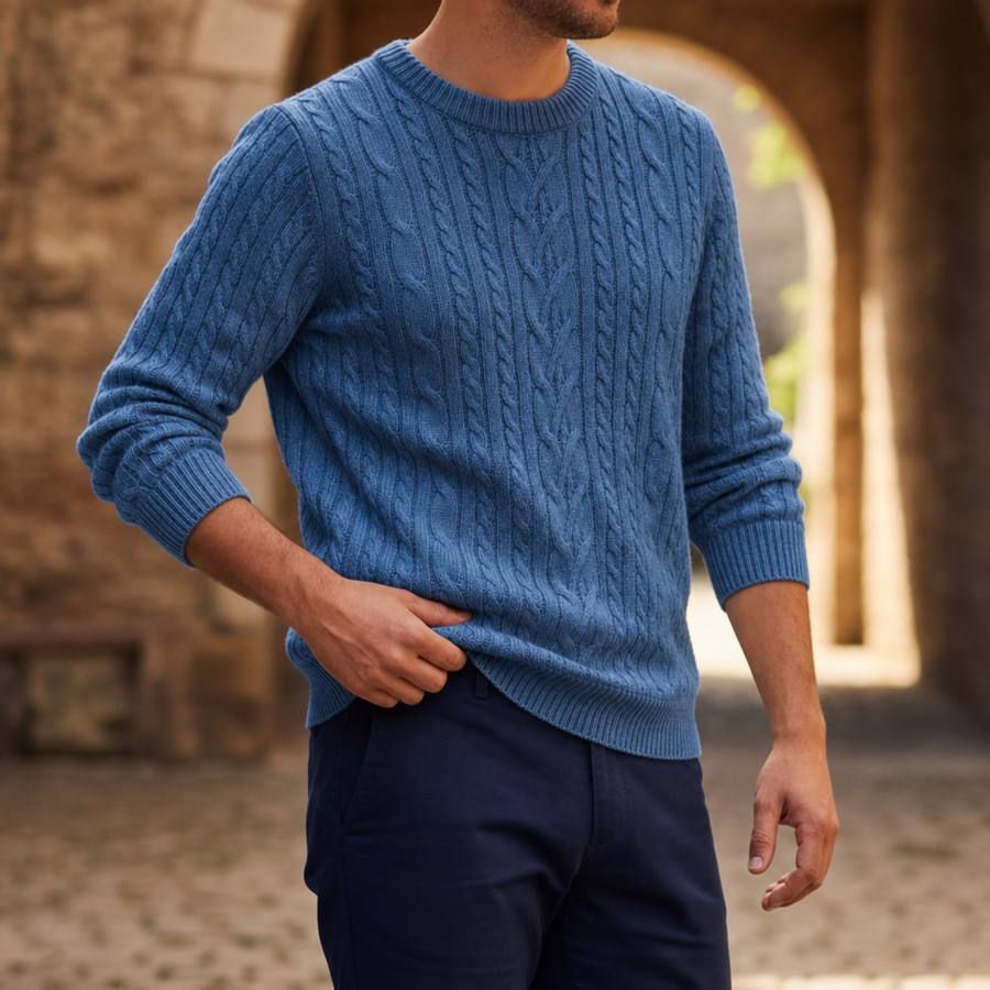 Perpignan Cable-Knit Crewneck Sweater in Blue