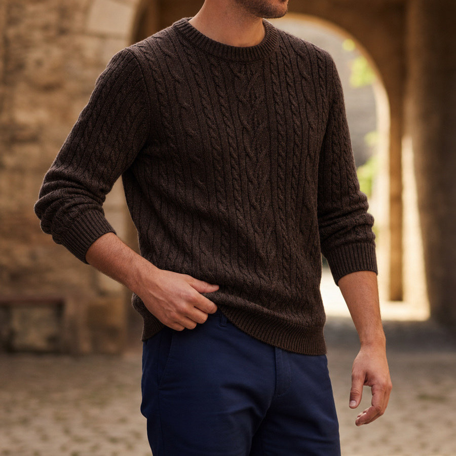 Perpignan Cable-Knit Crewneck Sweater in Brown
