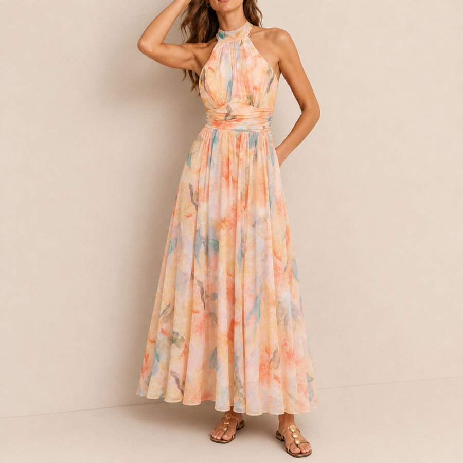Perugia Floral Halter Maxi Dress in Peach