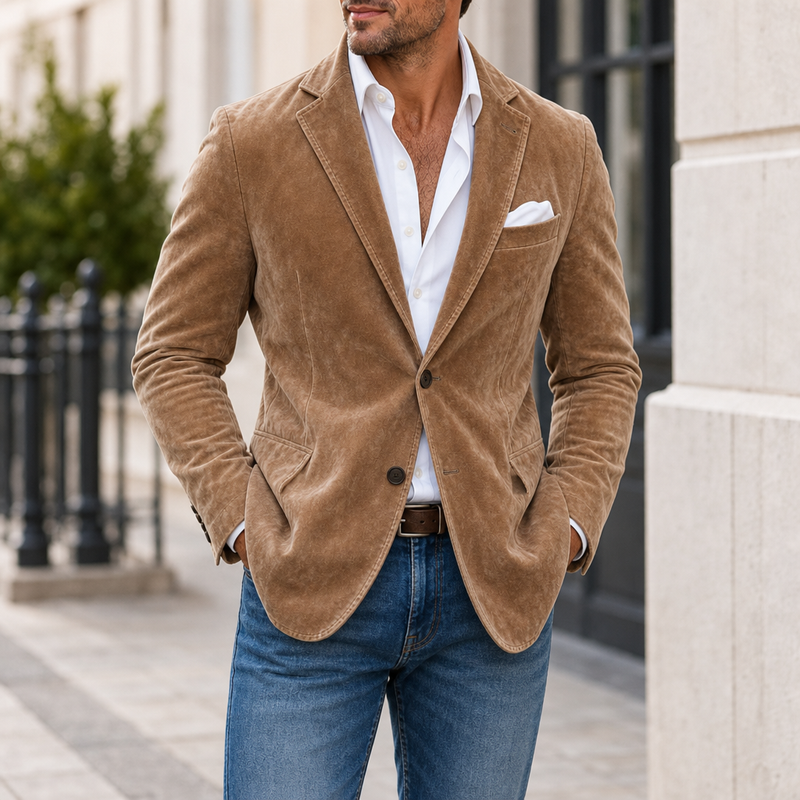 Porto Vecchio Tailored Suede Blazer in Light Brown