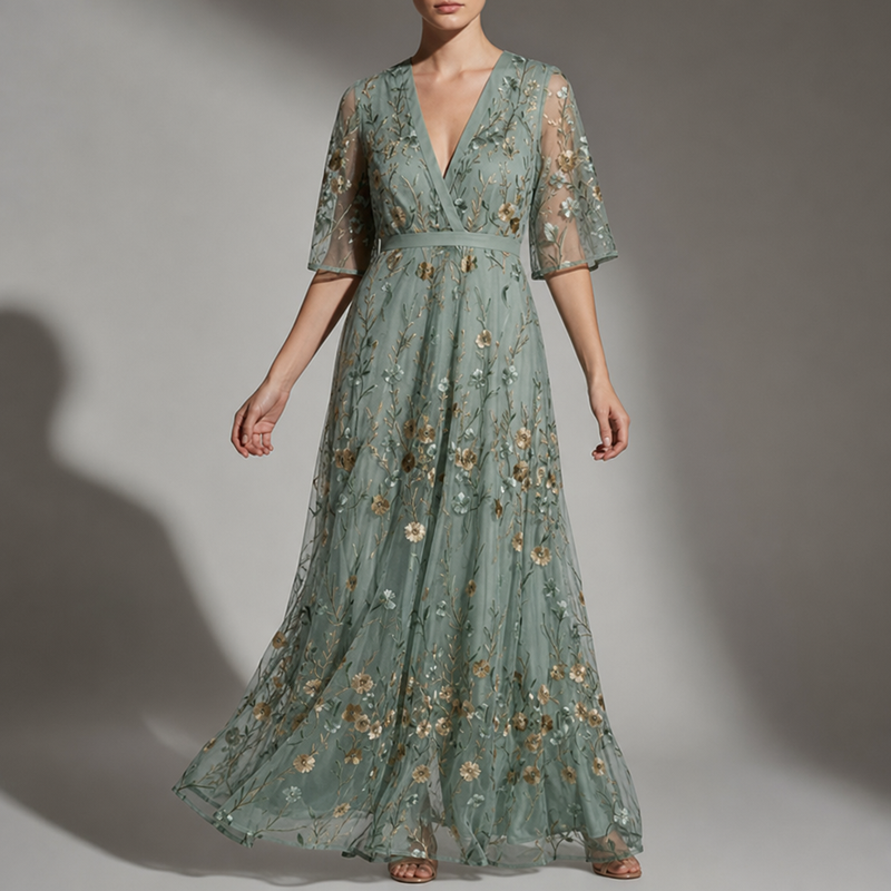 Portofino Floral Embroidered Maxi Dress in Sage Green