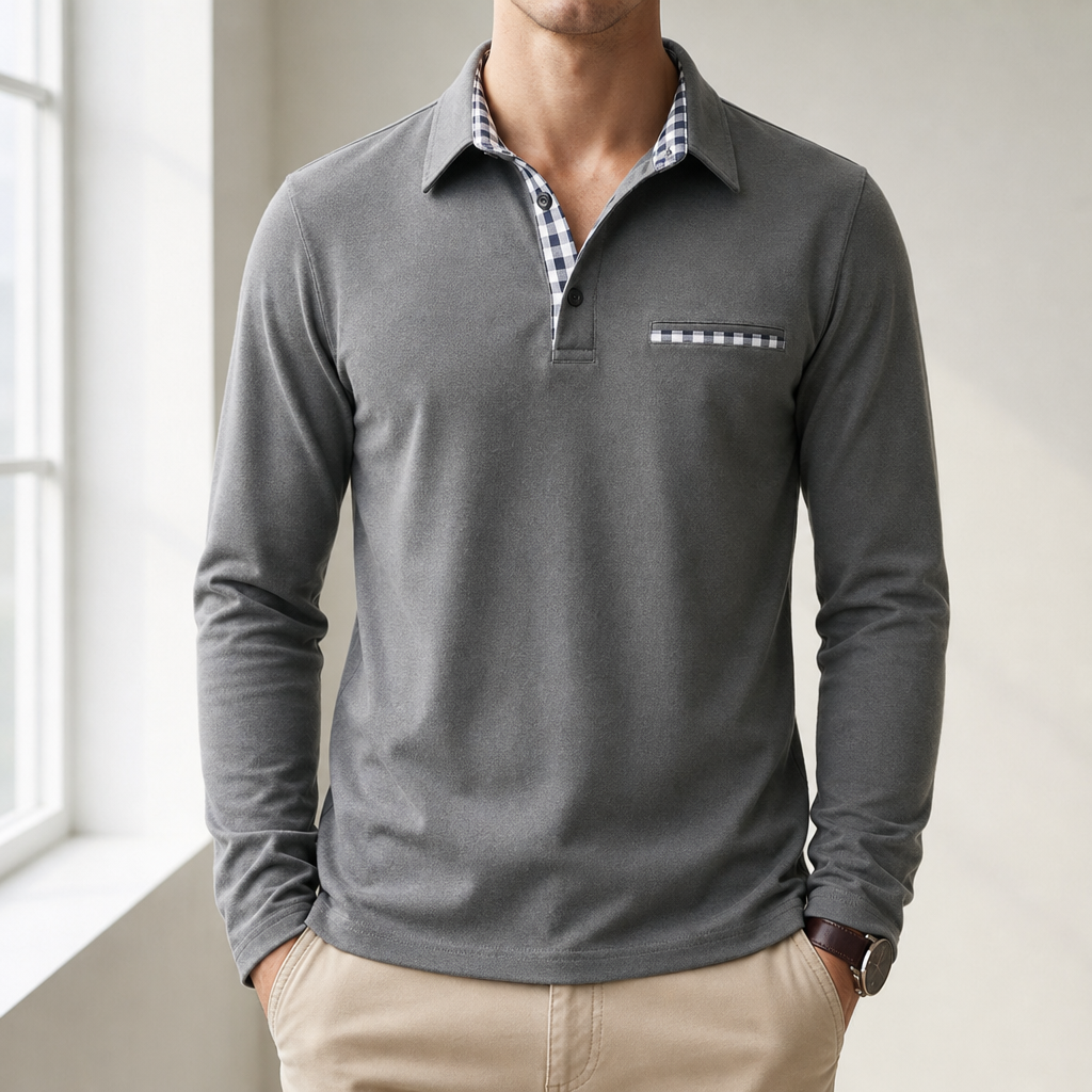 Portofino Plaid Collar Polo Shirt in Gray