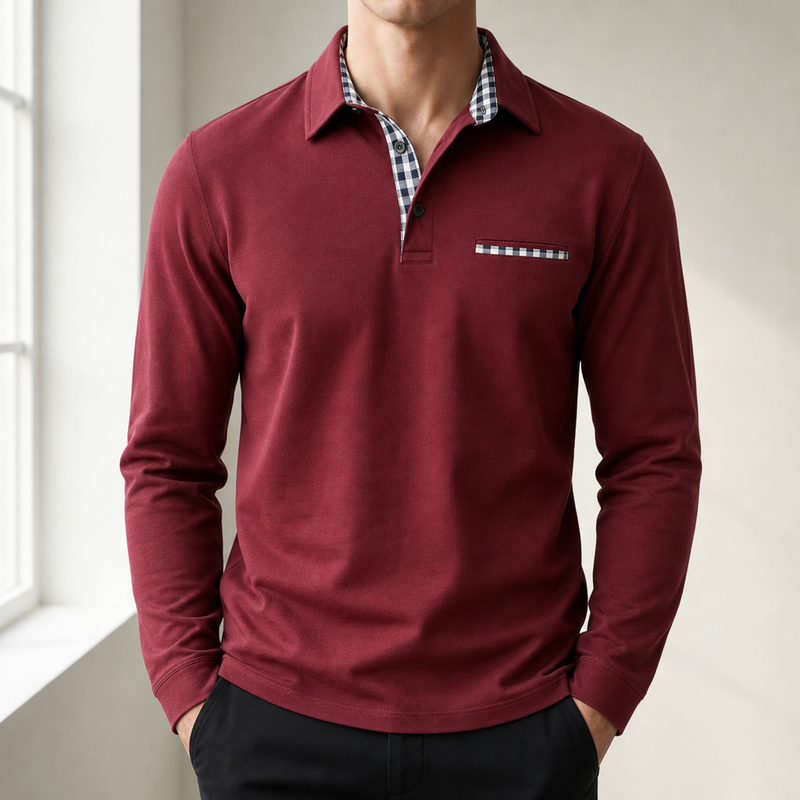 Portofino Plaid Collar Polo Shirt in Red